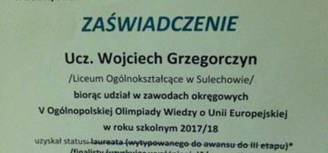 Udział Wojtka Grzegorczyna w okręgowej Olimpiadzie Wiedzy  o Unii Europejskiej