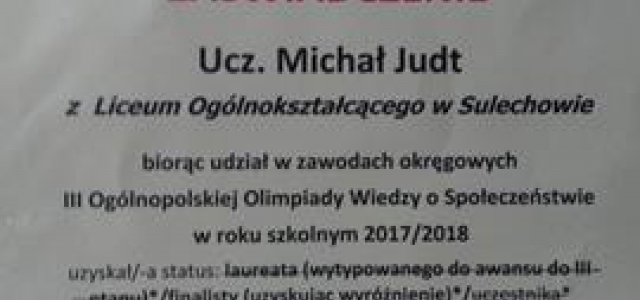 Michał Judt  zajął drugie miejsce w okręgowej Olimpiadzie Wiedzy o Społeczeństwiepołeczeństwie